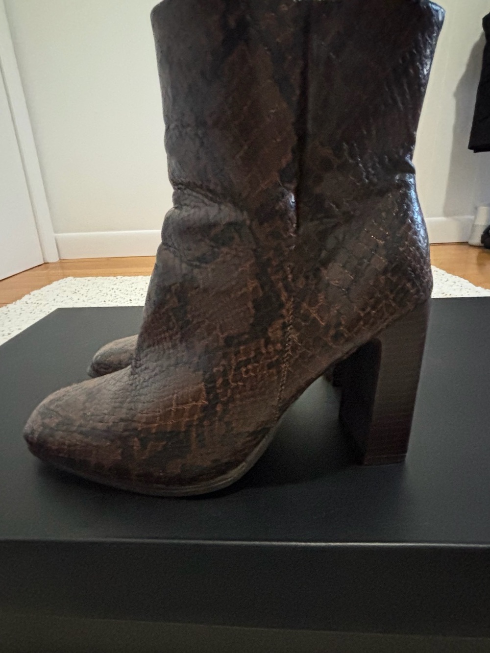Brown Snake-Print Block Heel Women's Boot